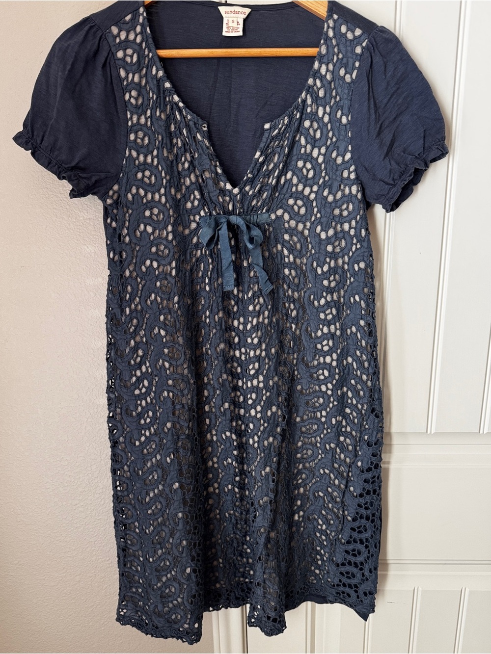 Sundance Eyelet Dress Womens Small Blue Cotton Babydoll Boho Short Sleeve